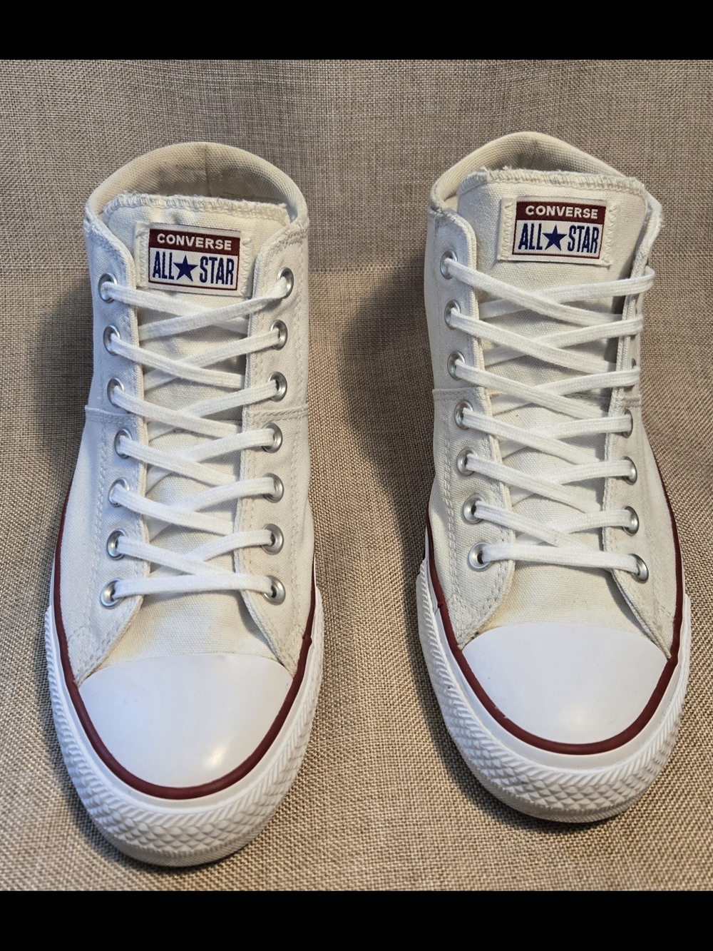 Converse High Top Canvas Sneakers in White with Red Accent Women 11 Men 9